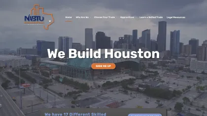 Aerial view of downtown Houston skyline with overlay text We Build Houston and navigation menu.
