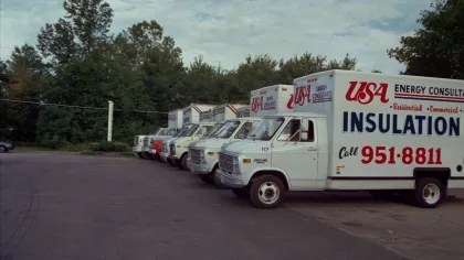 a line of white trucks