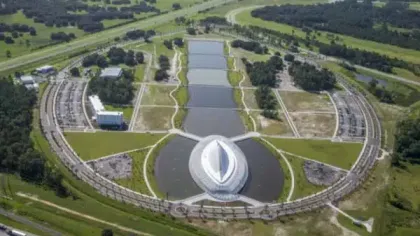 Aerial view of the Kimbell Art Museum and reflecting pools surrounded by green lawns and roads.