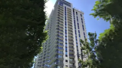 Tall modern residential building with balconies framed by green trees under a clear blue sky.