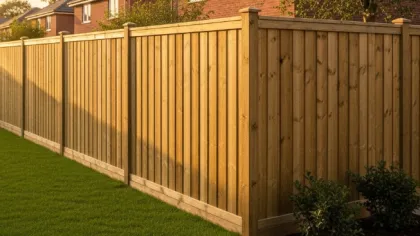 Wooden privacy fence enclosing a backyard with green grass and nearby houses in warm sunlight.