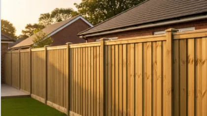 Long wooden fence along the edge of a green lawn with houses and trees in the background at sunset.