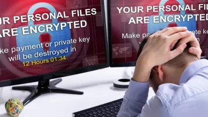 Man frustrated at dual monitors showing ransomware warning about encrypted files and payment deadline.