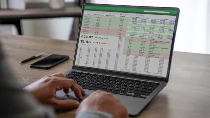 Person working on a laptop displaying a financial spreadsheet with data and stock market figures.