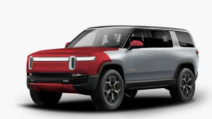 Silver and red Rivian electric SUV angled front view on white background showing modern design.