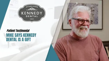 Smiling elderly man giving testimonial for Kennedy Dental with logo and text on left side.