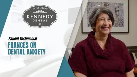 Smiling woman shares patient testimonial about dental anxiety at Kennedy Dental office.
