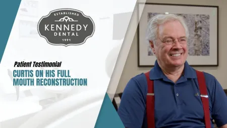 Smiling elderly man shares testimonial about full mouth reconstruction at Kennedy Dental clinic.