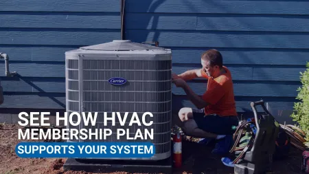 Estes Services Technician performing maintenance on Carrier HVAC unit outside blue house with membership plan text overlay