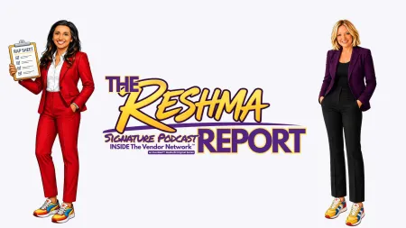 Two women in business attire stand beside The Reshma Report podcast logo on white background.