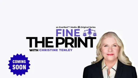 Promotional image for Fine The Print podcast with host Christine Tenley, featuring a logo and coming soon badge.