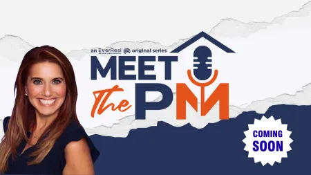 Smiling woman next to Meet the PM podcast logo with microphone icon and coming soon text