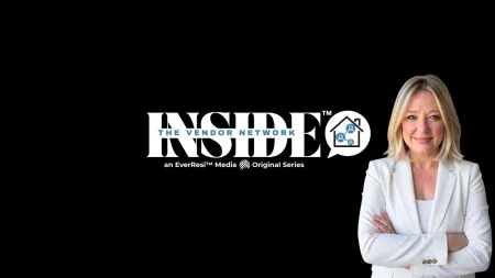 Professional woman in white blazer stands beside INSIDE The Vendor Network logo on black background