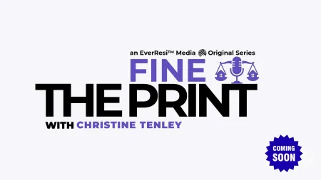 Logo for Fine The Print podcast with Christine Tenley, featuring a microphone and scale icons, coming soon.