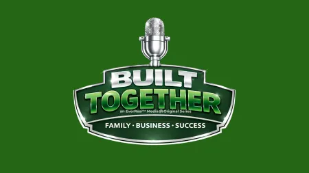 Built Together podcast logo with silver microphone and green background, highlighting family, business, and success themes