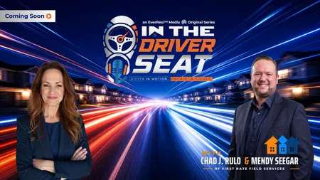 In the Driver Seat podcast cover with hosts Chad J. Rulo and Mendy Seegar and dynamic light streaks background