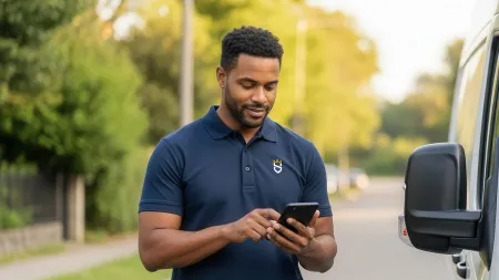 Delivery driver in navy uniform uses smartphone beside a white van on a suburban street with green trees.