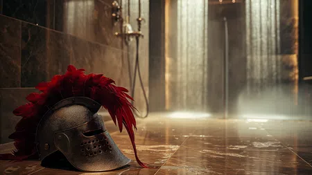 Ancient Roman gladiator helmet with red plume on wet marble floor in a steam-filled modern shower room.