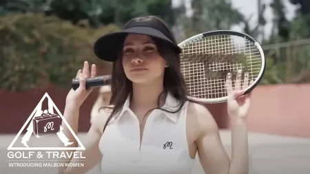 Woman in white golf outfit and visor holding tennis racket on outdoor court with golf and travel logo