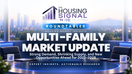 Multi-family market update roundtable banner showing strong demand and shrinking supply insights for 2027-2028.