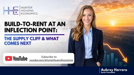 Businesswoman with sunset cityscape and declining graph illustrating build-to-rent housing supply challenges.