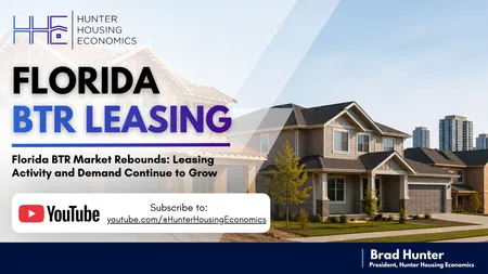 Suburban homes with text about Florida BTR leasing and Hunter Housing Economics YouTube subscription promotion.