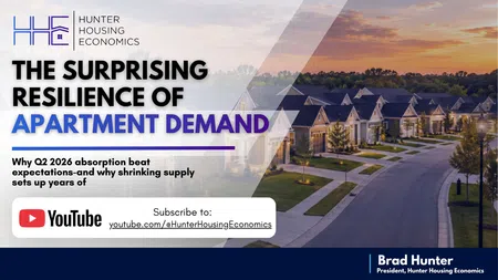 Suburban neighborhood at sunset with text on resilience of apartment demand and Hunter Housing Economics logo.