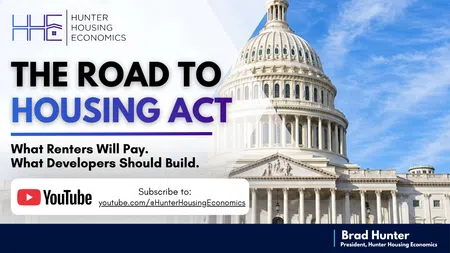 Graphic of US Capitol with text about housing act, renters, developers, and Hunter Housing Economics YouTube channel.