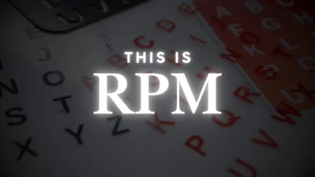Glowing white text saying This is RPM over a blurred background of scattered alphabet letters.