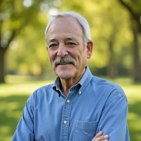 Senior man with white hair and mustache wearing a blue denim shirt, standing outdoors with arms crossed.