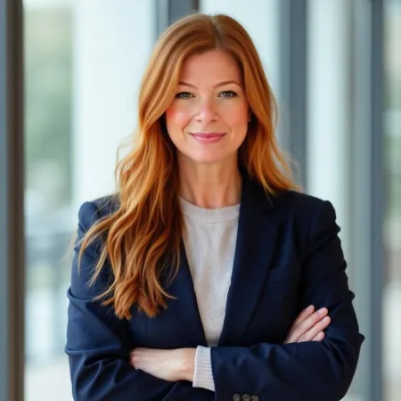 Confident red-haired woman in navy blazer and light sweater stands with arms crossed indoors by window.