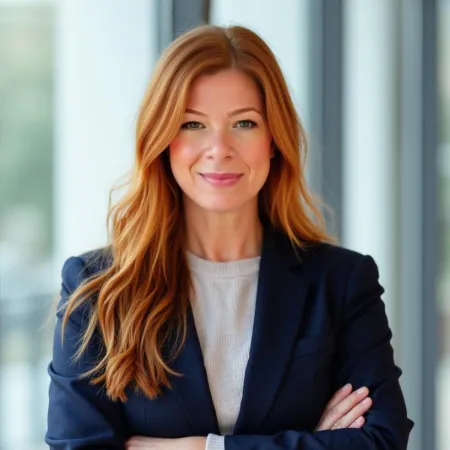 Confident red-haired businesswoman with arms crossed wearing navy blazer and light sweater in modern office.