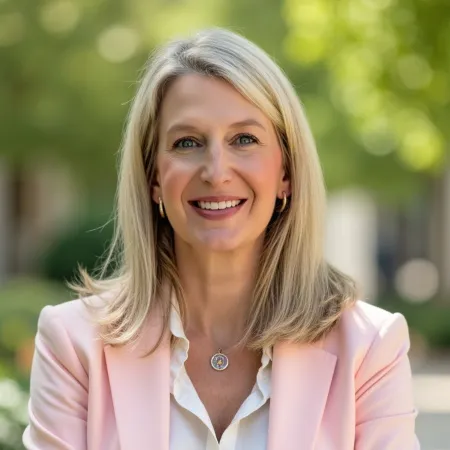 Smiling blonde woman with crossed arms wearing a pink blazer and white shirt outdoors in soft focus background