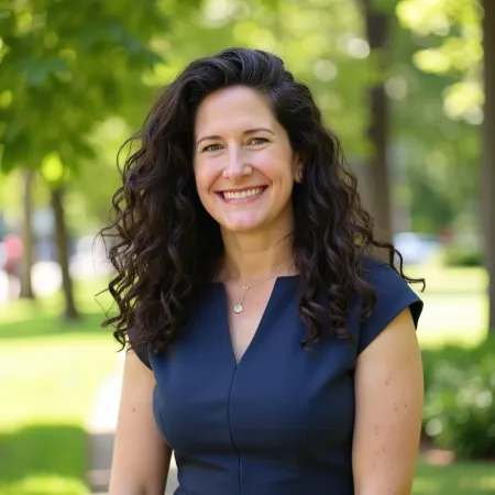 Smiling woman with curly dark hair wearing a navy blue dress standing outdoors with green trees in background.