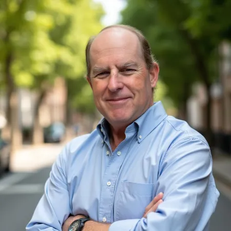 Middle-aged man with a light blue shirt crossing arms and smiling confidently on a tree-lined street.