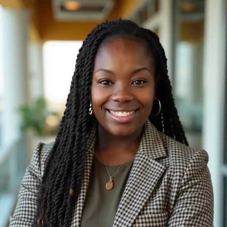 Confident young woman with long braided hair and checkered blazer smiling with folded arms indoors