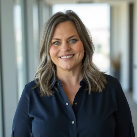 Smiling woman with shoulder-length blonde hair wearing a navy blue button-up shirt in a bright office corridor.