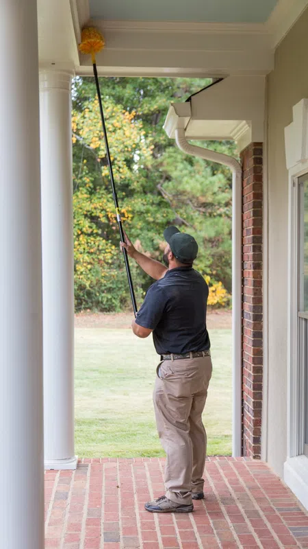 Man cleaning porch ceiling with an extendable yellow duster on a brick veranda outside a house.