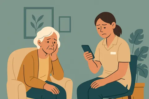 Sad elderly woman and concerned caregiver sitting, with caregiver holding a phone in a calm room setting.