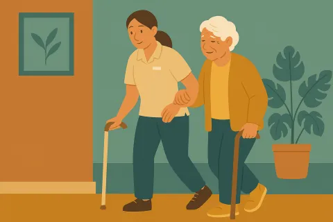 Caregiver assisting elderly woman with walking sticks indoors near plant and wall art.