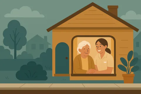Caregiver and elderly woman smiling together inside a cozy home window with plants outside in a neighborhood.