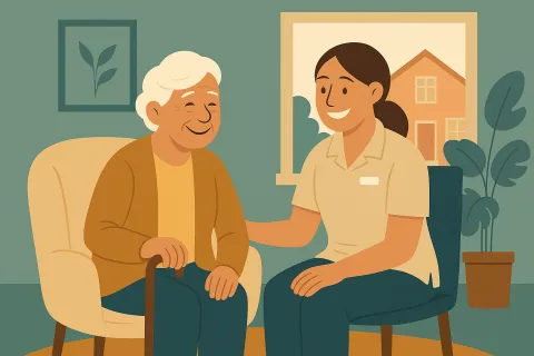Caregiver smiling and sitting with elderly person using a cane in a cozy home setting with plants and window.