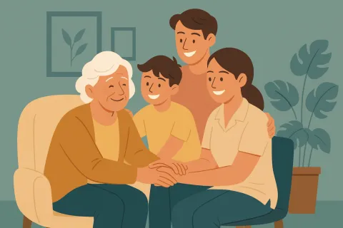 Smiling family of four warmly interacting with their elderly grandmother in a cozy living room setting.