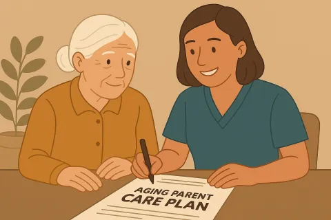 Caregiver helping elderly woman create an aging parent care plan together at a table indoors.