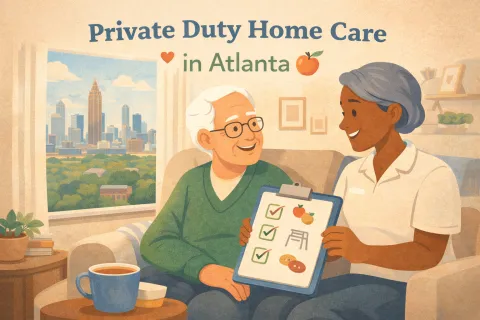 Elderly man and caregiver discuss home care checklist in a cozy room with Atlanta skyline visible outside window.