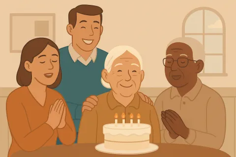 Multigenerational family celebrating birthday with cake and candles in warm indoor setting.