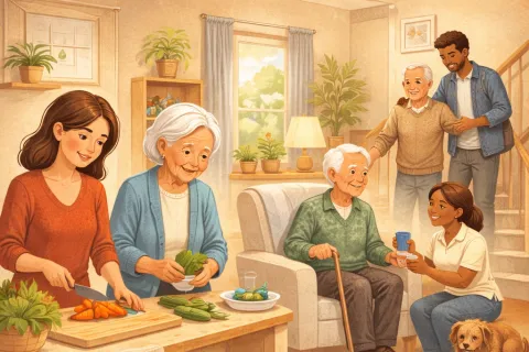 Multigenerational family spending time together, cooking, playing, and caring for elderly members in a cozy home.