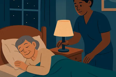Caregiver turning off bedside lamp for elderly woman peacefully sleeping at night in cozy bedroom.