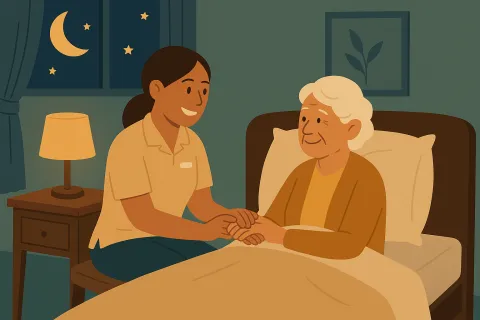 Caregiver holding hands with elderly woman in bed at night, showing support and compassion indoors.
