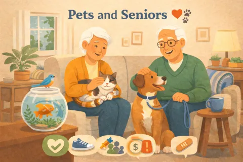 Happy seniors sitting on a couch with their pets including a cat, dog, bird, and fish in a cozy living room.